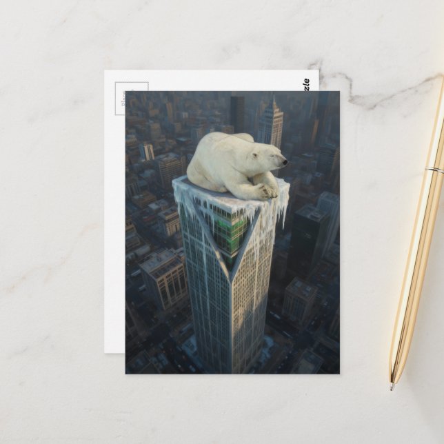 Carte Postale Polar Bear Skyscraper melting ice global warming (Devant/Arrière en situation)
