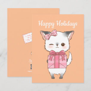 Carte Postale Poly-Pom Happy Holidays Grey and White Pomchi Girl
