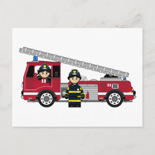 Carte Postale Pompier à dessin mignon et moteur incendie