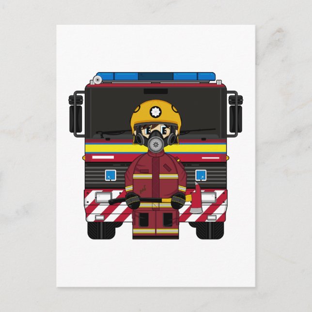 Carte postale pompier et moteur incendie (Devant)