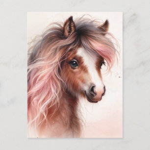 Carte Postale Poney à la crinière rose aquarelle