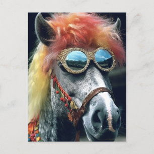 Carte Postale Poney avec cheveux clowns et lunettes