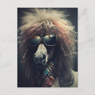 Carte Postale Poney avec cheveux de clown et lunettes de soleil
