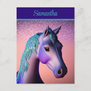 Carte Postale Poney magique en violet et sarcelle avec nom perso