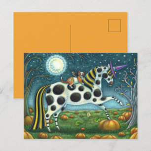 Carte Postale PONEY TACHETÉ D'HALLOWEEN & CHAT CHAUVE-SOURIS Che