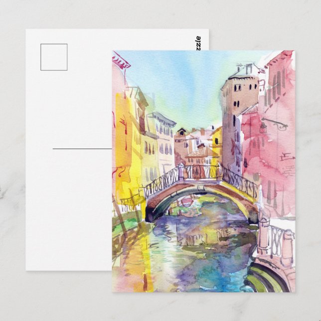 Carte Postale Pont à Venise, Italie. peinture aquarelle (Devant / Derrière)