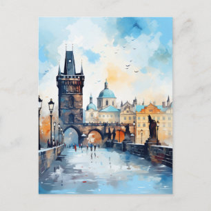 Carte Postale Pont Charles de Prague Coucher de soleil Aquarelle