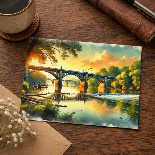 Carte Postale Pont charmant Chaud Vert James River Aquarelle (Créateur téléchargé)