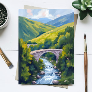 Carte Postale Pont de la rivière de montagne Paysage aquarelle v