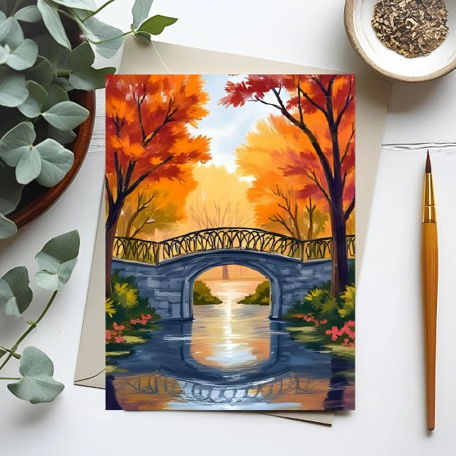 Carte Postale Pont du parc d'automne | Aquarelle de feuillage d' (Créateur téléchargé)