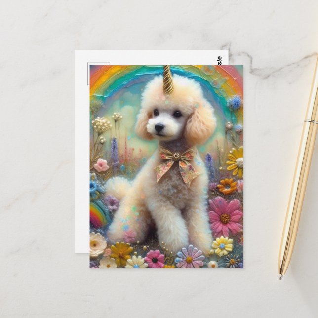 Carte Postale Poodle adorable Corne d'or Unicorne (Devant/Arrière en situation)