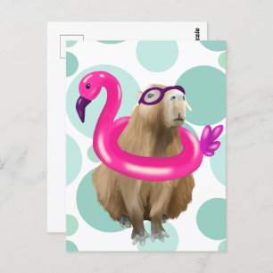Carte Postale Pool Party Cute Capybara Avec Flotte Flamant rose