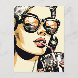 Carte Postale Pop Art Comic Livre Jolie Femme Boire Soda