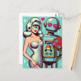 Carte Postale Pop Art Robot et femme Alien dans l'amour