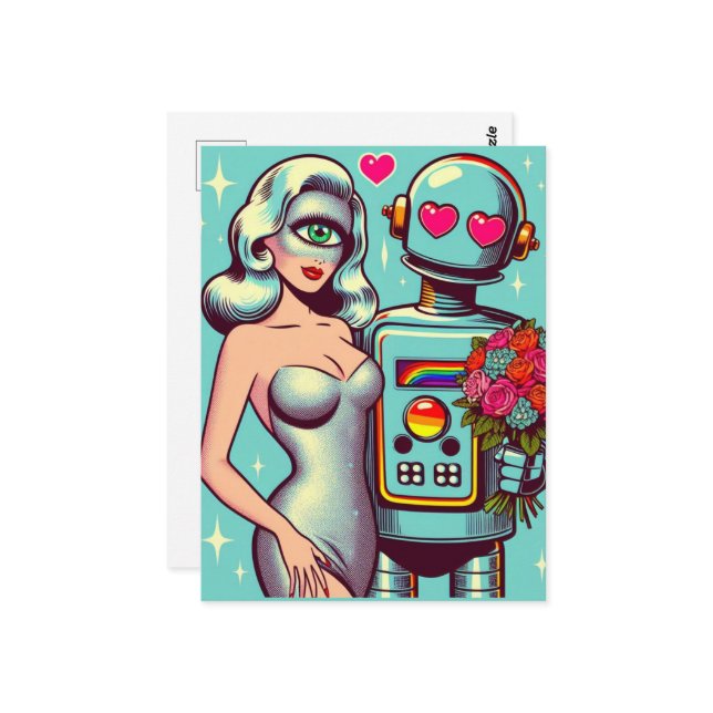 Carte Postale Pop Art Robot et femme Alien dans l'amour (Devant/Arrière en situation)