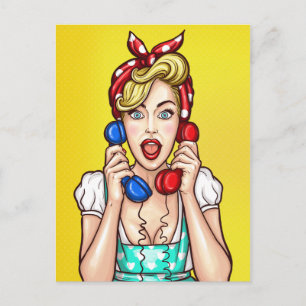 Carte Postale Pop Art Woman sur deux téléphones