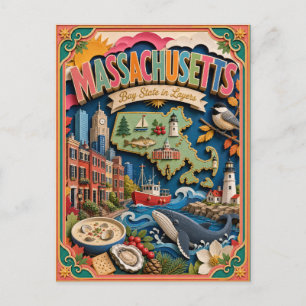 Carte Postale PopCut États Massachusetts Art en Papier Coloré 3D