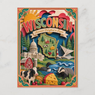 Carte Postale PopCut États Wisconsin Coloré Art en Papier 3D