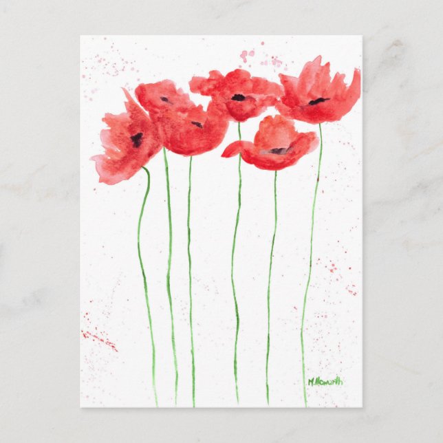 Carte Postale Poppies rouge floral aquarelle nature rustique pav (Devant)