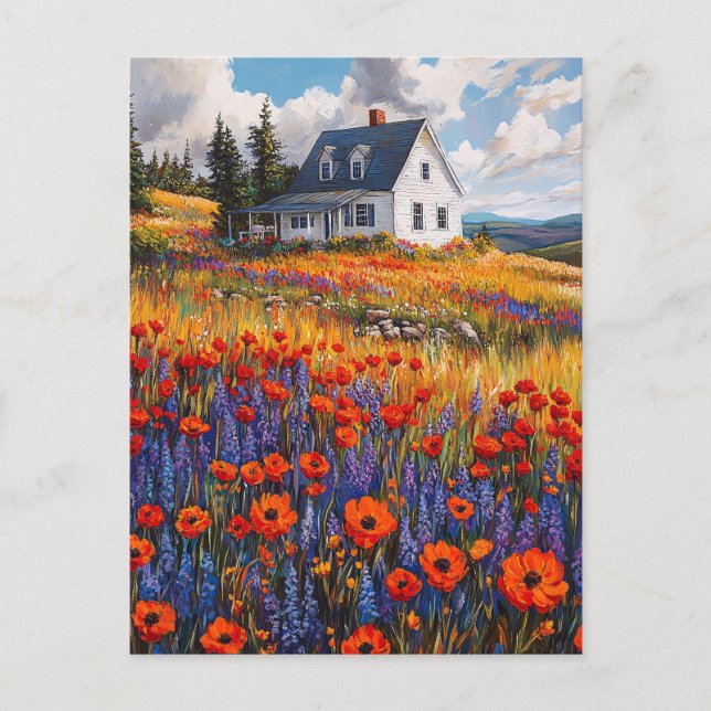 Carte Postale Poppy rustique et Lupine Flower Field (Devant)