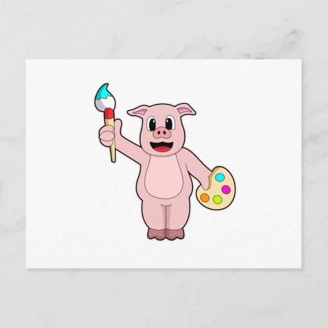 Carte Postale Porc à la peinture avec pinceau et couleur (Devant)