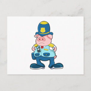 Carte Postale Porc en policier avec uniforme et chapeau de polic
