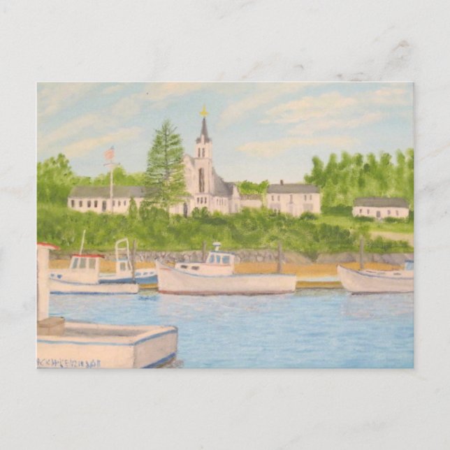 Carte Postale Port de Boothbay : Bateaux de l'église et du homar (Devant)