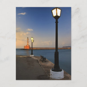 Carte Postale Port de Chania et phare vénitien au coucher du sol