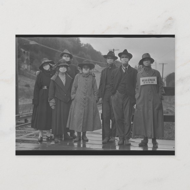 Carte Postale Port du masque pendentif la Grippe espagnole 1918 (Devant)