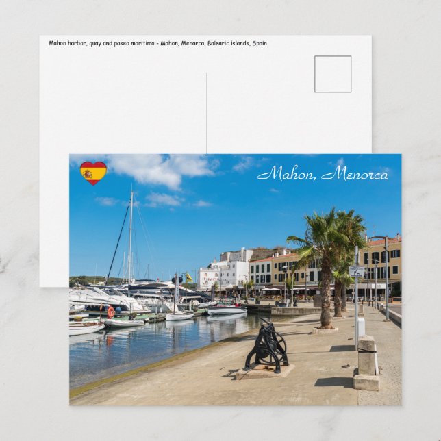 Carte Postale port et promenade maritime de Mahon - Menorca, Esp (Devant / Derrière)