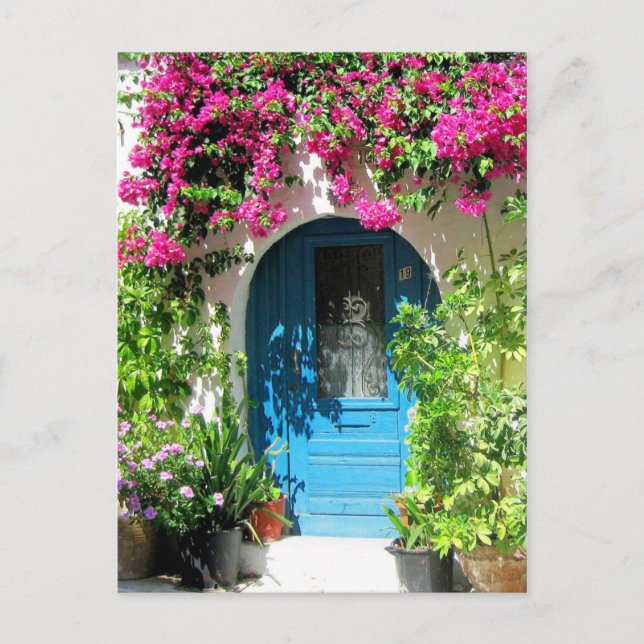 Carte Postale Porte bleue encadrée de beaux bougainvilliers (Devant)