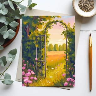 Carte Postale Porte de jardin Fleurs roses aquarelle botanique