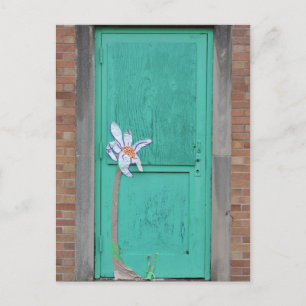Carte Postale Porte turquoise avec fleur de papier