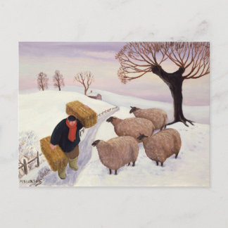Carte Postale Porter le foin au mouton en hiver
