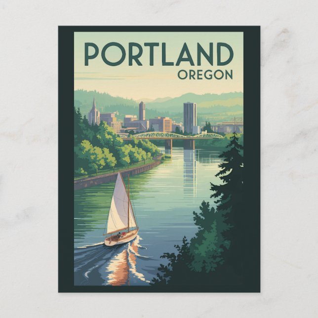 Carte Postale Portland Oregon Skyline Voyage Art Vintage (Devant)
