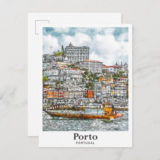 Carte Postale Porto Portugal Aquarelle Voyage Croquis main (Devant / Derrière)
