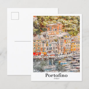 Carte Postale Portofino Italie Voyage Aquarelle main tirée