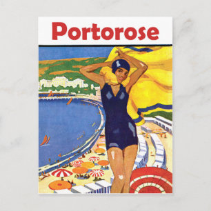 Carte Postale Portorose, fille sur la plage, voyage vintage