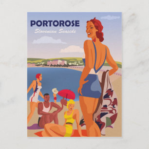 Carte Postale Portorose, filles sur la plage, voyage vintage