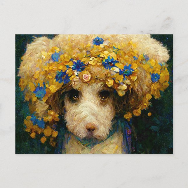 Carte Postale Portrait Art Nouveau d'un caniche avec des fleurs (Devant)