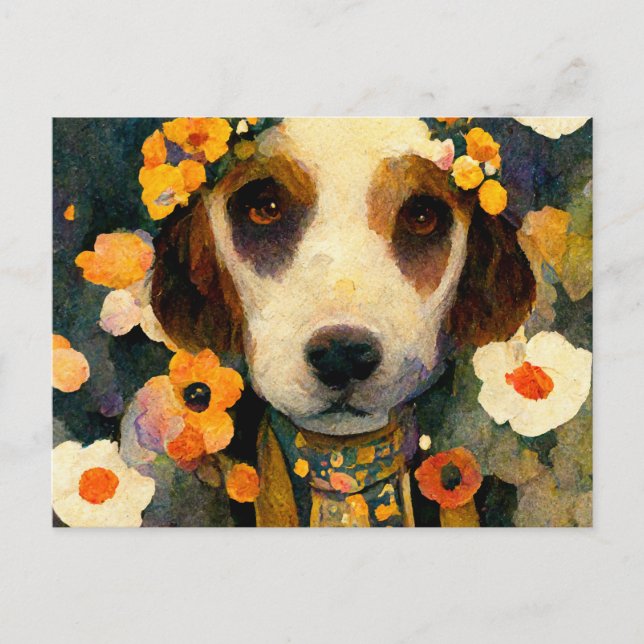 Carte Postale Portrait Art Nouveau d'un chien Beagle avec des fl (Devant)