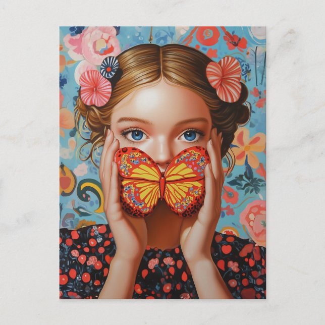 Carte Postale Portrait Butterfly Girl in a Floral Wonderland (Devant)
