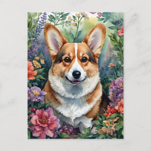 Carte Postale Portrait d'aquarelle florale de Corgi