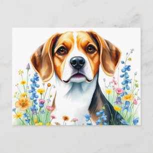 Carte Postale Portrait de Beagle à l'aquarelle avec fleur sauvag