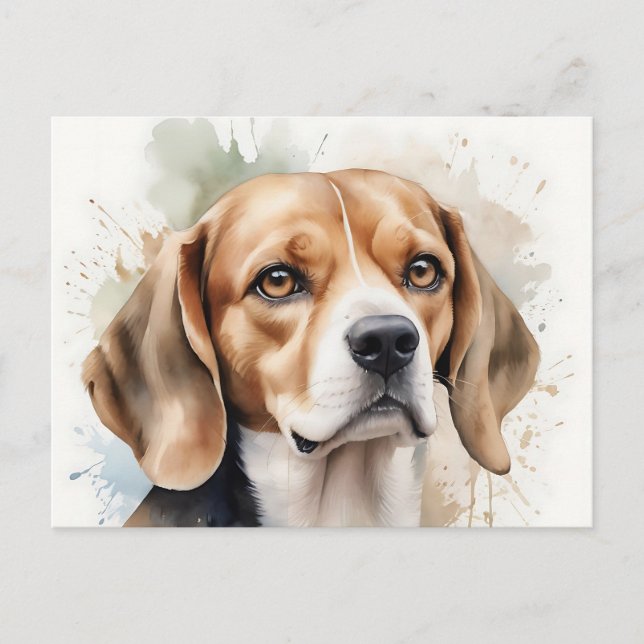 Carte Postale Portrait de Beagle à l'aquarelle douce avec fluide (Devant)