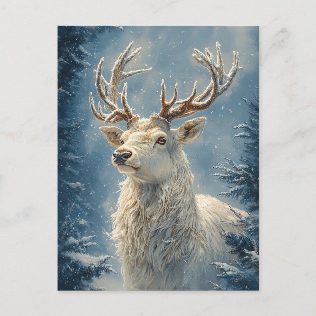 Carte Postale Portrait de cerf blanc Art mystique d'hiver (Devant)
