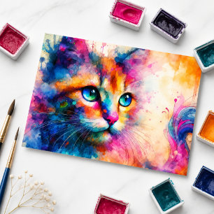 Carte Postale Portrait de chat à l'aquarelle fantaisiste  