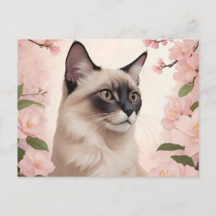 Carte Postale Portrait de chat balinais avec des fleurs épanouie
