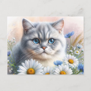 Carte Postale Portrait de chat British Shorthair floral