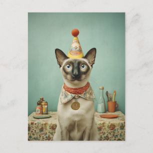 Carte Postale Portrait de chat siamois vintage avec chapeau de f